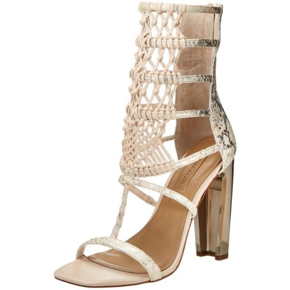 BCBGMAXAZRIA |Women's Post Leather Gladiator Heeled Bootie| White & Silver | 8.5